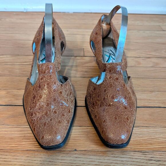 Vintage 70s Ros Hommerson Leather Shoes T-Strap Brown Dancing Heels Croc Size 6 - Picture 2 of 12